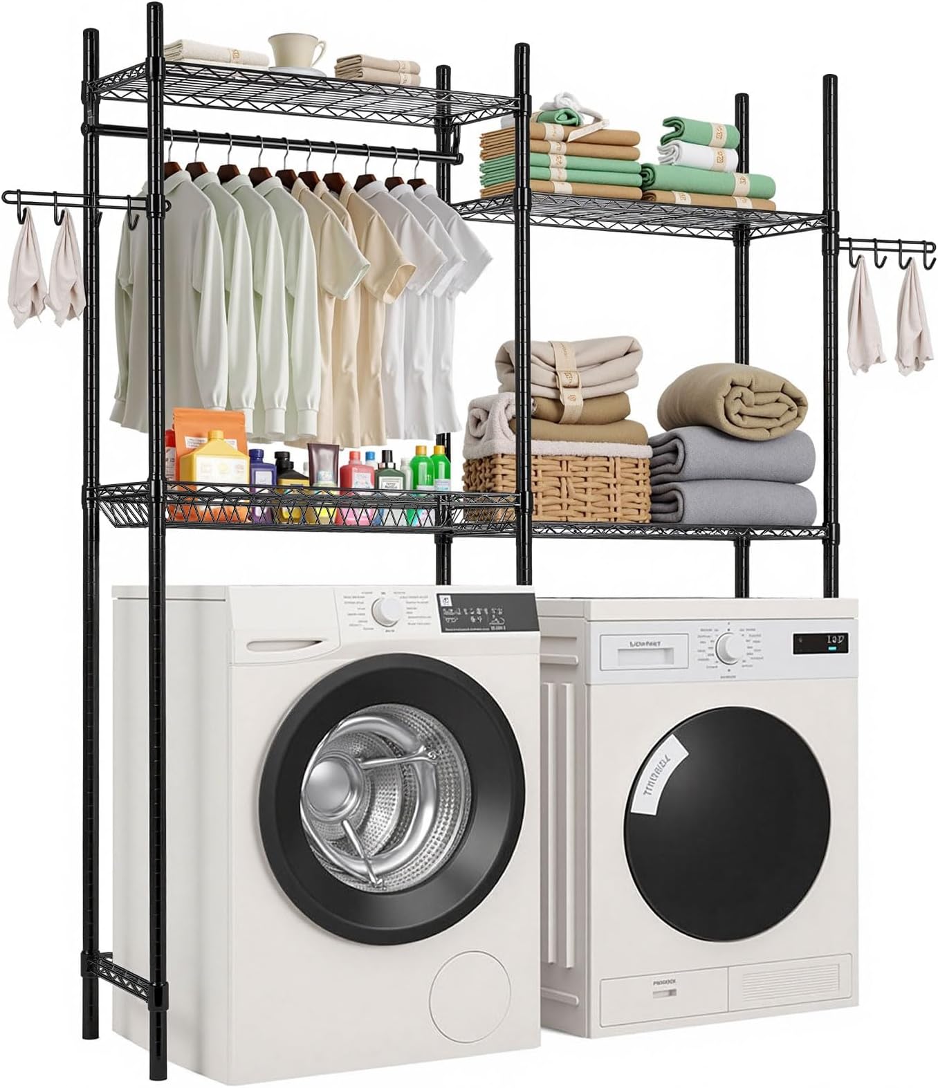 VEVOR Over The Washer and Dryer Storage Shelf, 4 Tier Laundry Room Drying Rack with Hanger Rod and Hooks, Adjustable Over Washer and Dryer Shelves, Laundry Room Shelf Storage Space Saver, Black