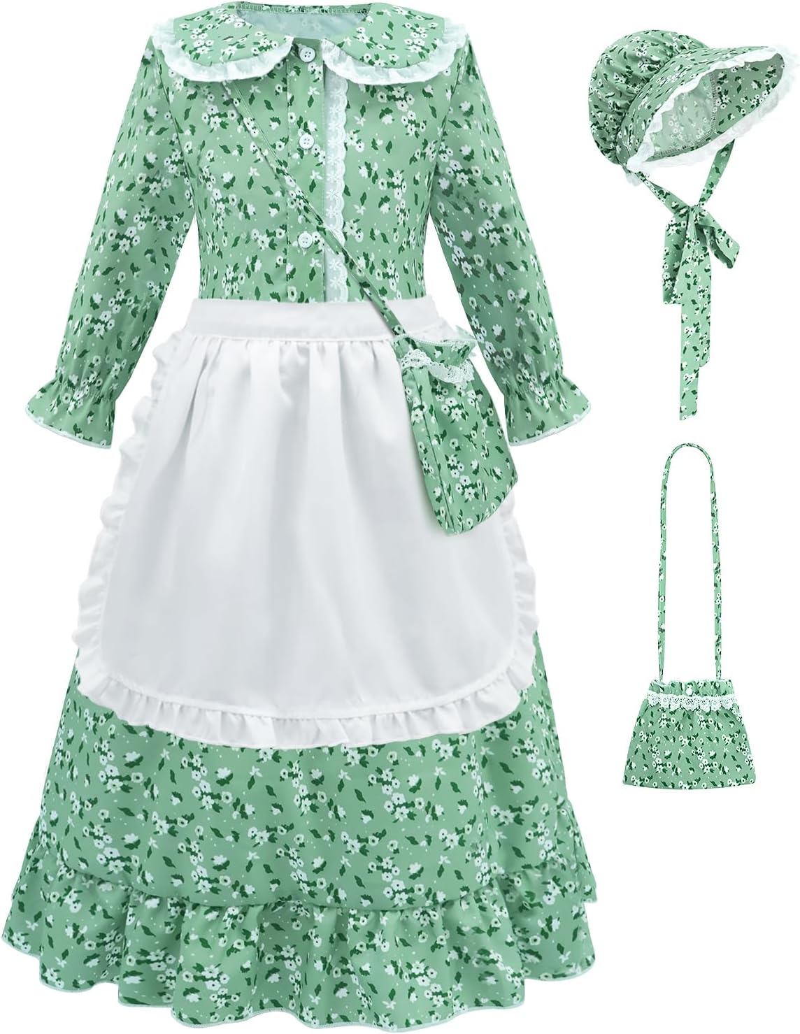 Girls Pioneer Colonial Costume Pioneer Outfit for Kids Floral Prairie Dress with Bonnet, Apron and Purses