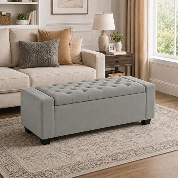 Homebeez 49" Ottoman with Storage, Storage Ottoman Bench with Safety Hinge, Upholstered Entryway Bench with Seating for Bedroom, Living Room, Holds up to 330 lb, Light Grey