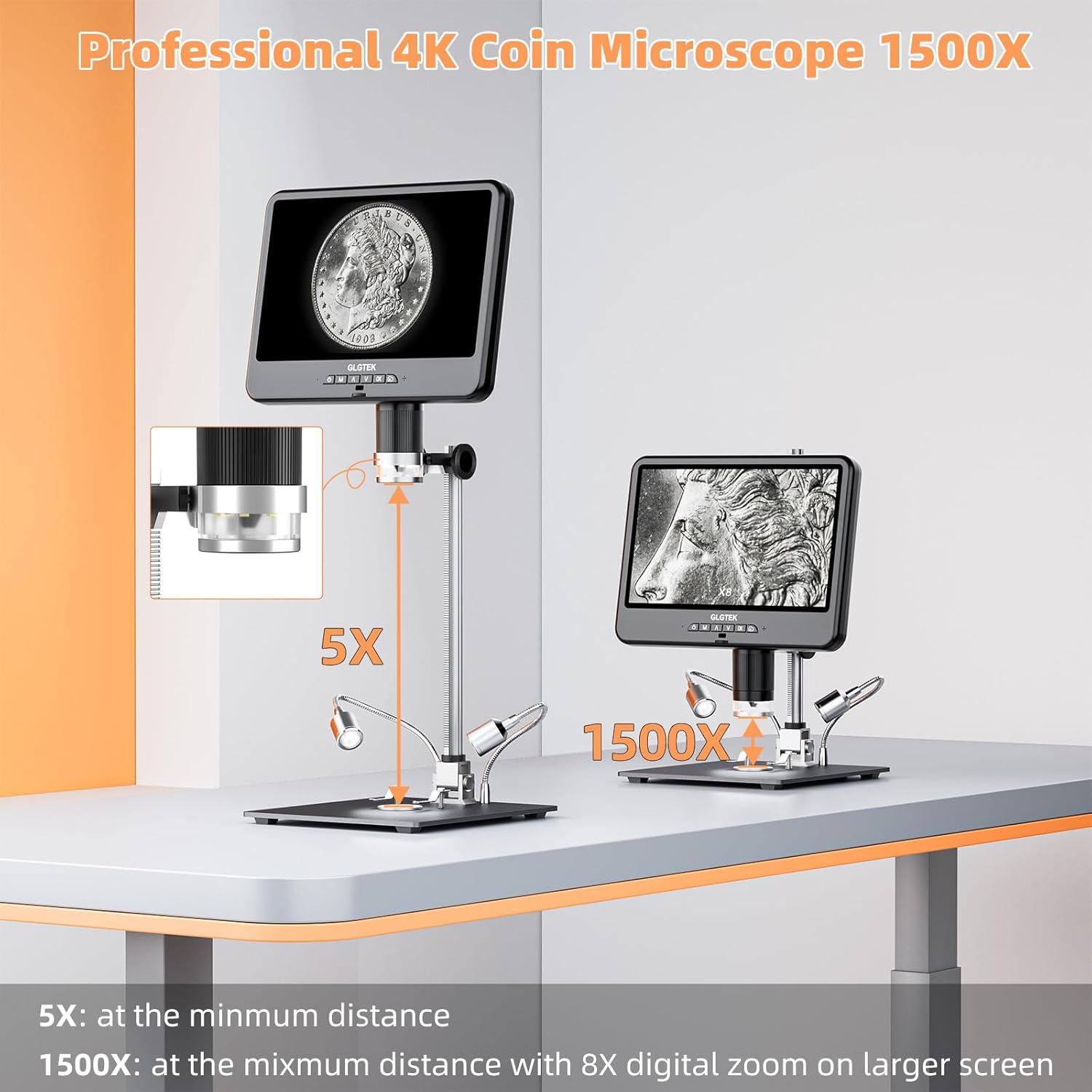 GLG208SE 4K 30FPS HDMI Digital Microscope 1500X with Microphone for Electronics Repair, 10.1" Dual Screen Display, 3840P UHD Video Audio for PCB Soldering, Coin Microscope Full View for Error Coins