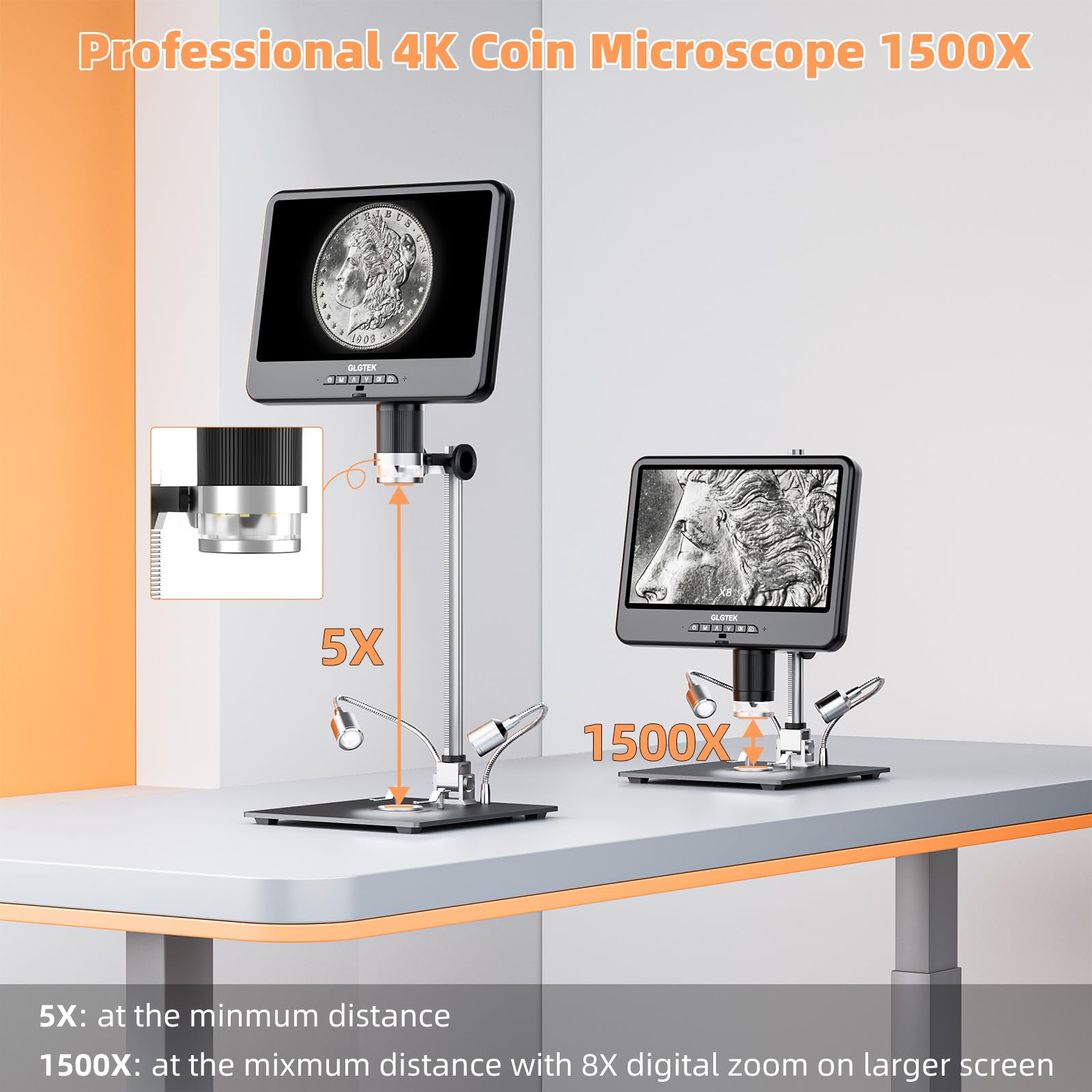 GLG208SE - Microscopio digital HDMI 4K 30FPS 1500X con micrófono para reparación electrónica, pantalla dual de 10.1 pulgadas, audio de video UHD 3840P para soldadura PCB, microscopio de monedas, vista