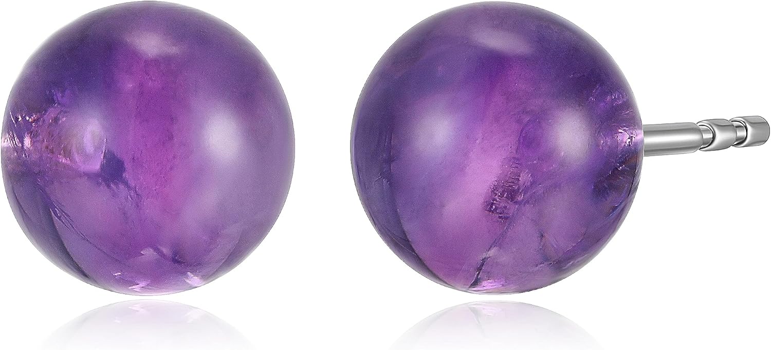MORGAN & PAIGE .925 Sterling Silver Rhodium Plated Natural Gemstone Green Jade or Purple Amethyst Sphere Ball Stud Earrings for Women - Hypoallergenic Sterling Silver Earrings, Jewelry Gifts for Her