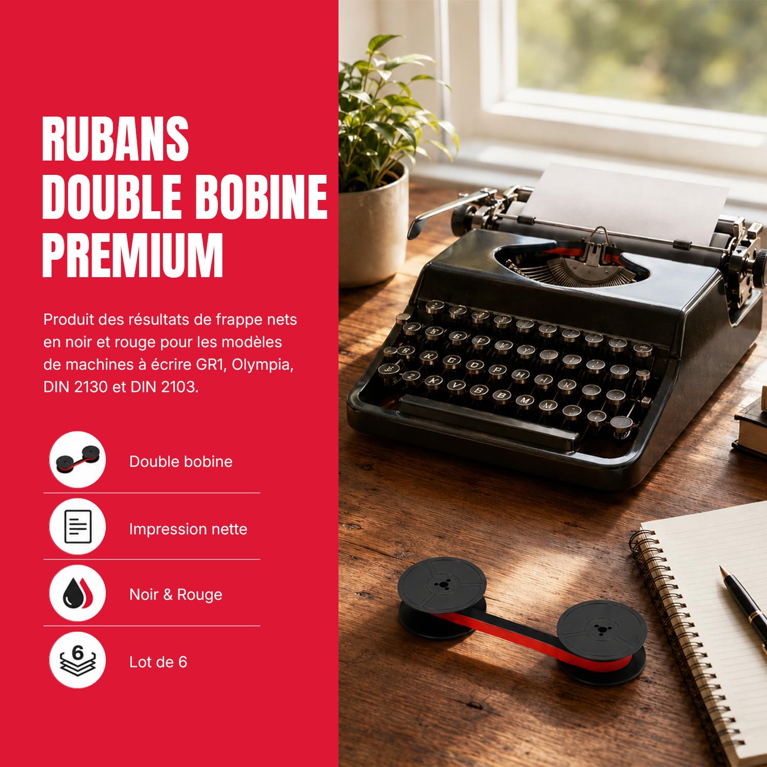 Printerfield Ruban pour Machine à Écrire, Double Bobine - Rouge et Noir (6 pièces)