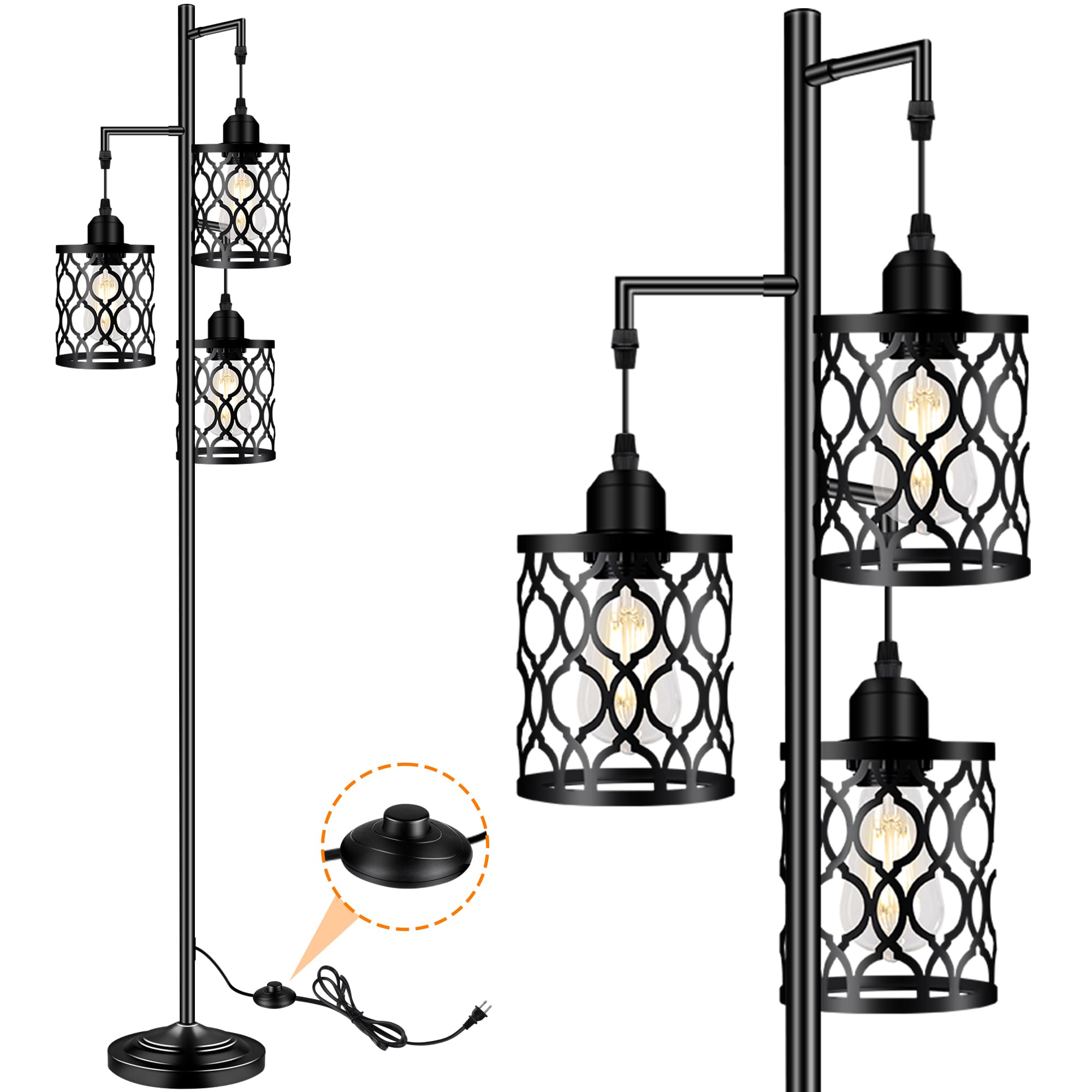 Industrial Floor Lamp, Metal Farmhouse Floor Lamp for Living Room, Rustic Standing Tall Lamp with 3 Elegant Cage Heads, Tree Floor Lamp for Bedrooms, Home Office, Bar, 68", Black, Bulb Not Included