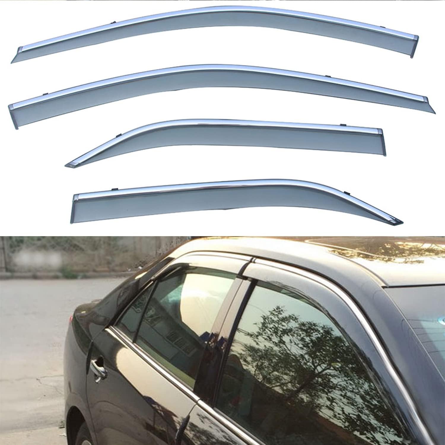 LQQDP 4pcs Smoke Tint with Chrome Trim Outside Mount Tape On/Clip On Style PVC Sun Rain Guard Vent Window Visors Compatible with 12-14 Camry