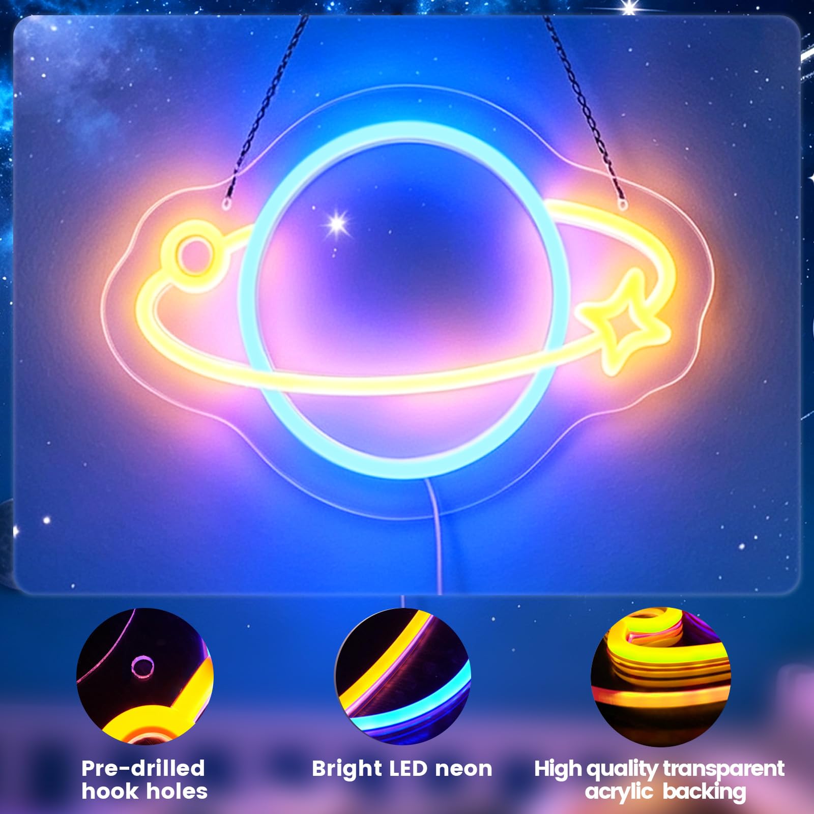 Pianeta Insegna al neon per decorazione da parete, luci notturne a LED dimmerabili, alimentata tramite USB, pianeta e stella, per camera da letto, sala giochi, club, regali per bambini amanti della