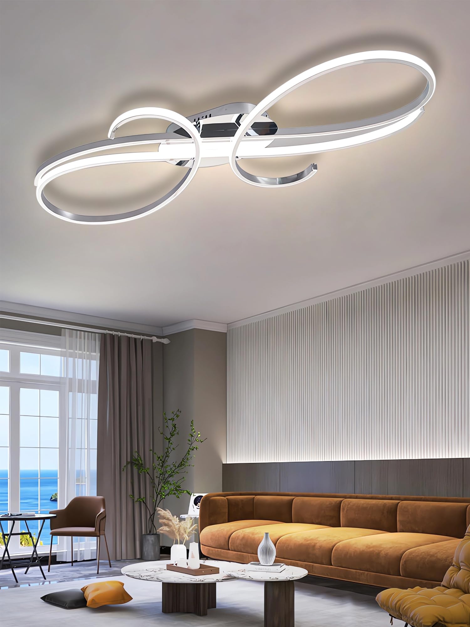 Plafoniera LED Dimmerabile Illuminazione a soffitto del soggiorno Luci moderne della camera da letto con telecomandi Illuminazione a soffitto Loop metallico Styling Lampada a soffitto (Argento, 100cm)