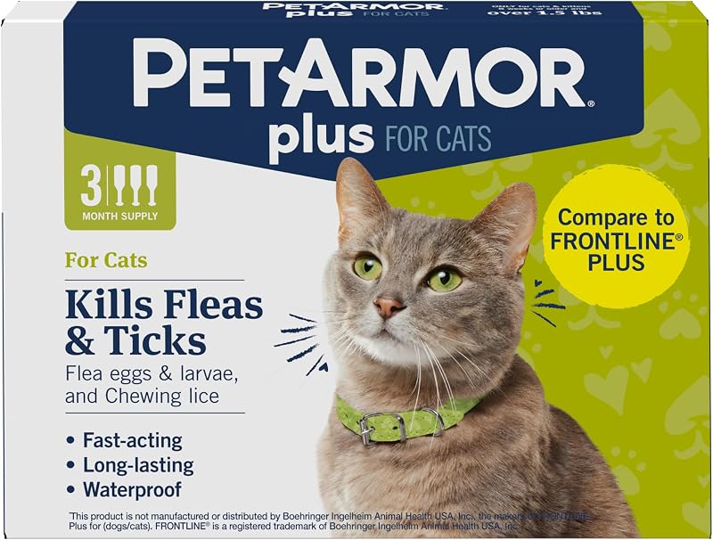 Más prevención de pulgas y garrapatas para gatos, tratamiento de pulgas y garrapatas para gatos, 3 dosis, tópico impermeable, de acción rápida, gatos de más de 1,5 libras | Ideal para gatos de más de 1,5 libras; mata pulgas, huevos, larvas, garrapatas y piojos; suministro para 3 meses; tópico impermeable para gatos