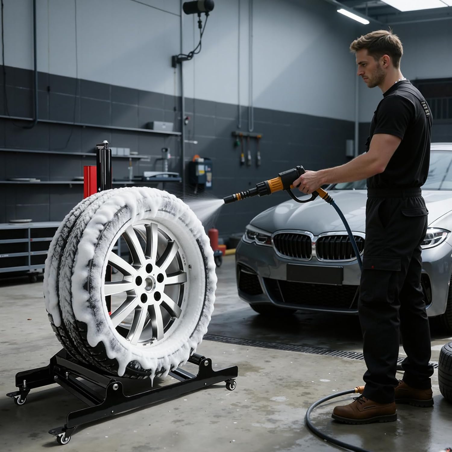Rolling Wheel Detailing Stand, Portable Wheel Cleaning Stand, Tire Cleaning and Polishing Roller with 3-Way Rotating Rollers, for Wheel Cleaning, Polishing Rims, Dressing Tires