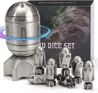 Missile Metal DND Dice Set of 7 with Spinning Missile Shaped Container, Unique Cool Bullet D and D Dice for Dungeons and Dragons Sliver