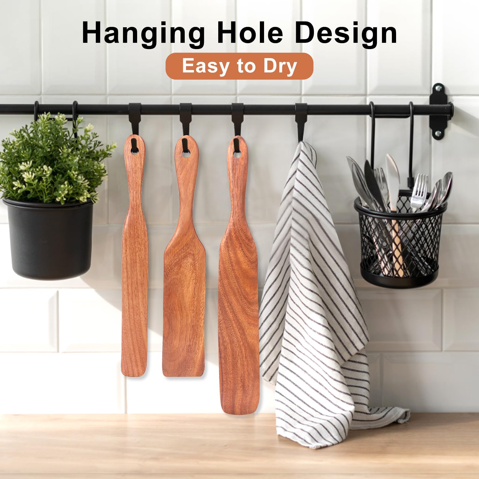 Juego de 3 espátulas de madera de teca para iniciador de masa madre, herramienta de cocina para hornear, espátula plana, espátula para agitar, utensilios de cocina, espátula de madera delgada, juego
