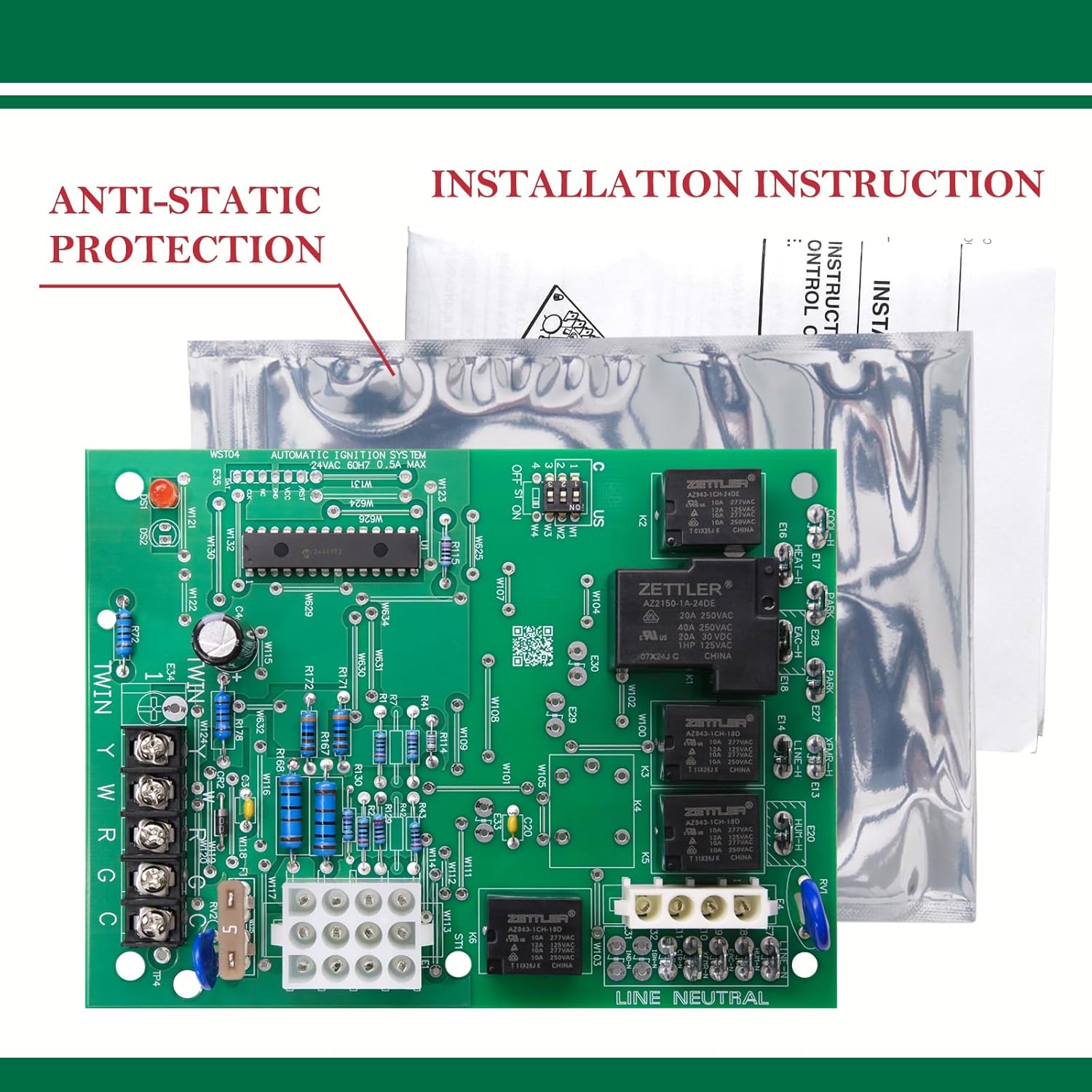 NEALMART WST04 Furnace Control Board in anti-static packaging with a glimpse of installation instructions.