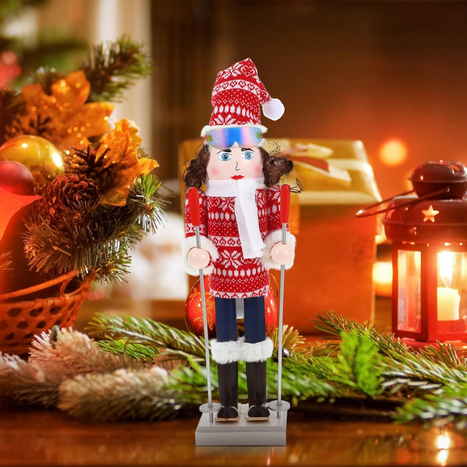 Wooden Nutcracker Figurine with White Scarf, 38cm Christmas Nutcracker Puppet Figure, Skier Girl Desktop Decor for Holiday Seasonal Display