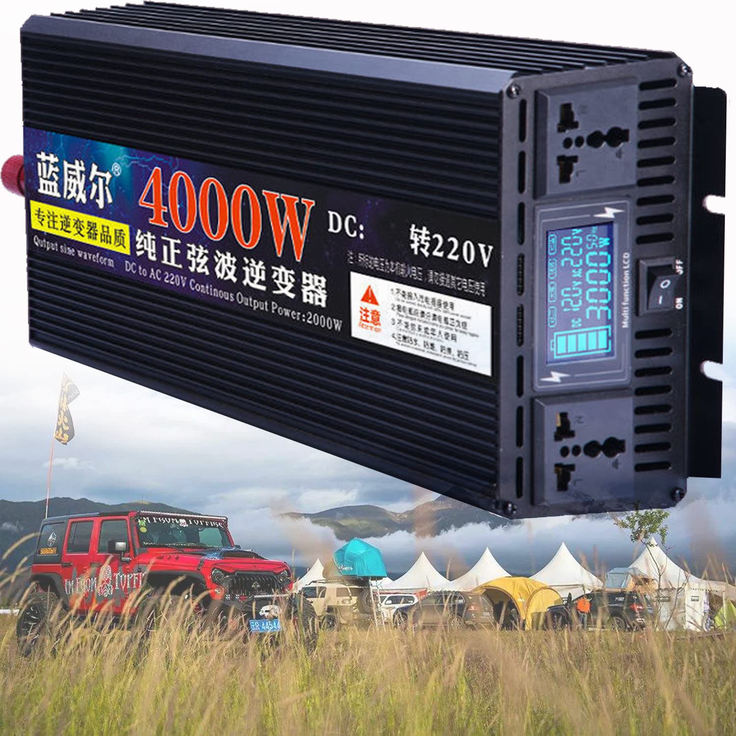 Nowy typ przetwornica sinusoidalna DC 12 V/24 V na AC 220 V 230 V konwerter samochodowy 4000 W/5000 W/5500 W/6000 W/7000 W (szczyt) z wyświetlaczem LCD 2 gniazda AC do kampera, ciężarówki, kempingu,