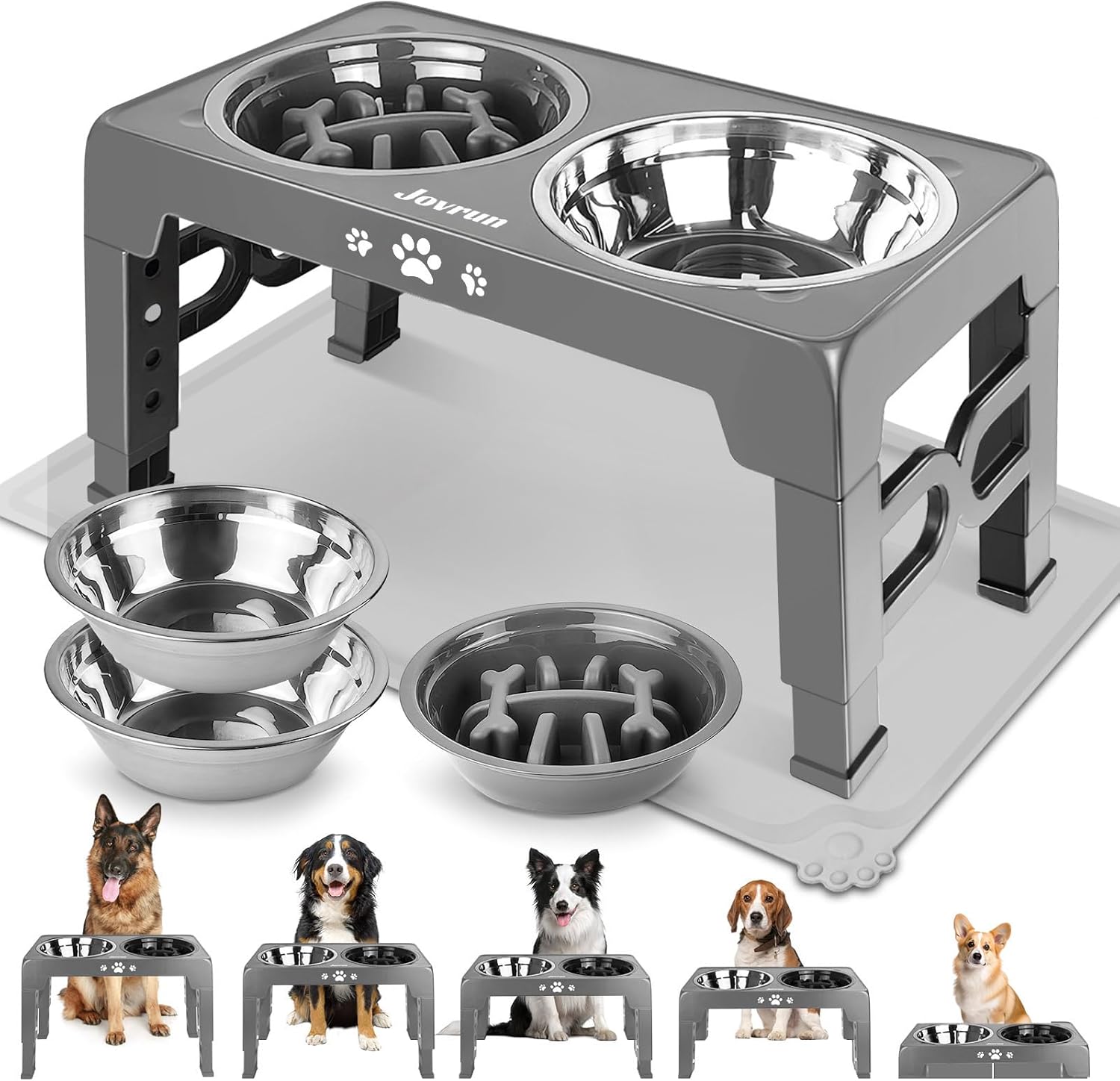 Elevated Dog Bowls, Dog Feeder with Stainless Steel Dishes & Slow Feeder Bowl, 5 Heights Adjustable Raised Stand for Medium Large, Food Dishes with Non-Slip Feet