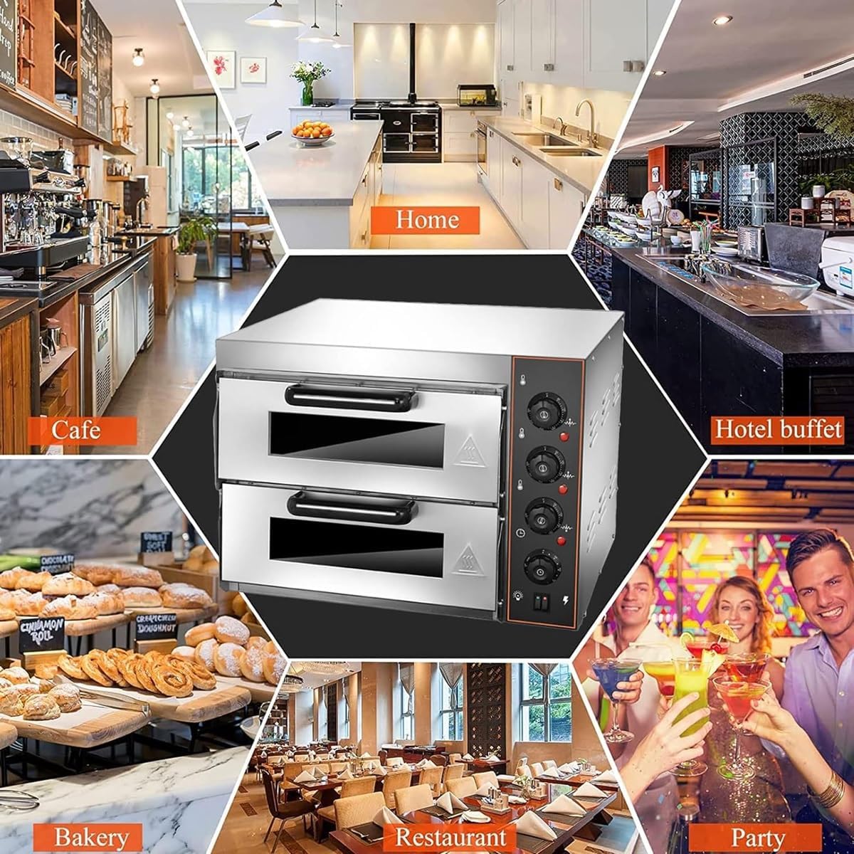 Commercial Pizza Oven, 16" Countertop Electric Pizza Oven Indoor, Stainless Steel Pizza Maker with Pizza Stone and Timer, for Hotel Restaurant Home Baked(Double Layer)