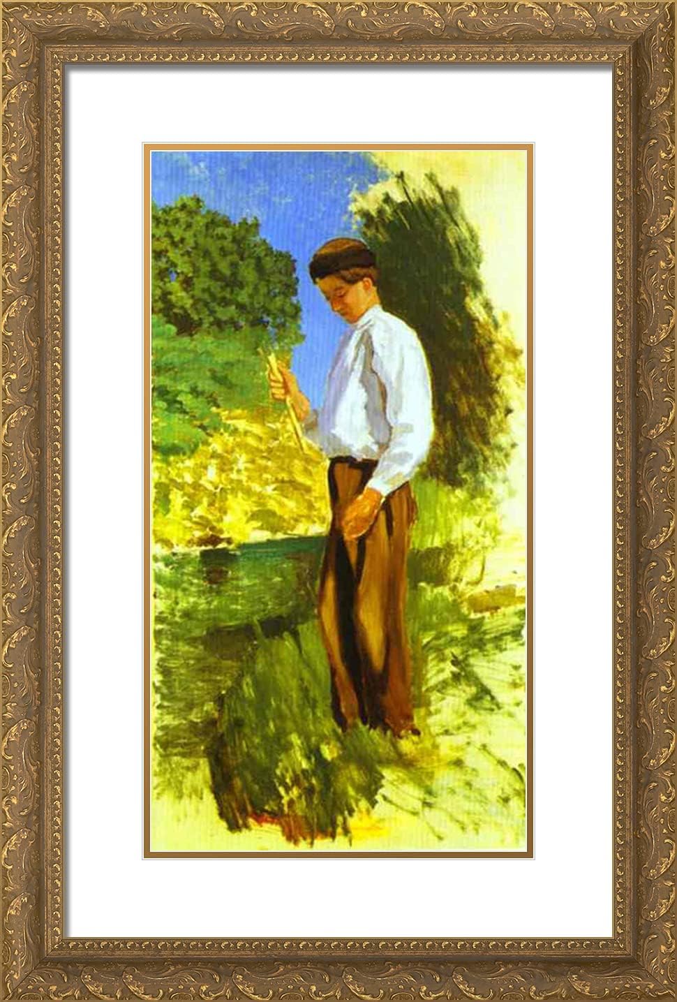 ArtDirect Bazille, Frederic 17x24 Gold Ornate Framed Art Print with Double Matting Titled: Louis Auriol Fishing l