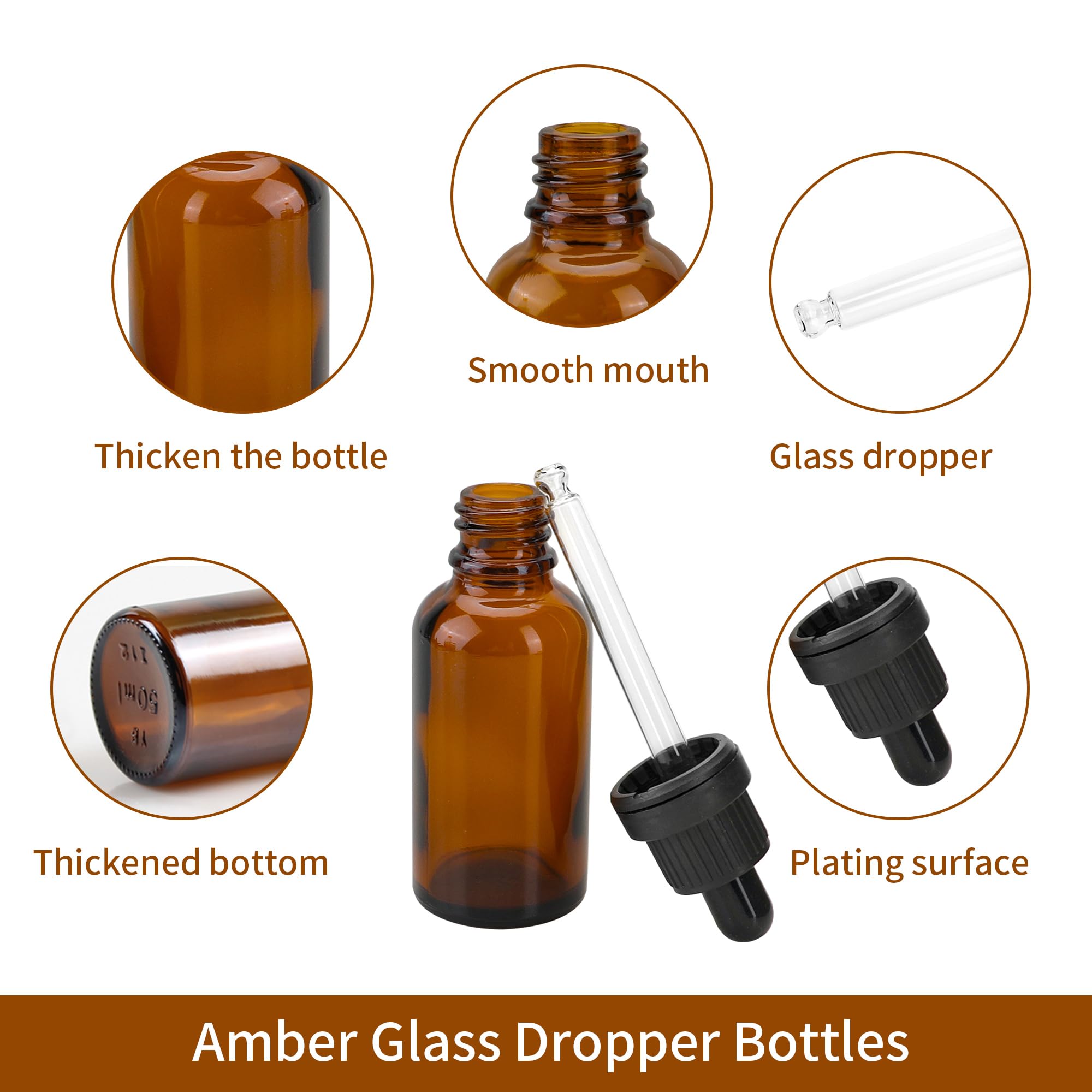 24 botellas cuentagotas de vidrio ámbar de 60 ml con pipeta, botella cuentagotas de pipeta de 2 onzas, botella cuentagotas de vidrio recargable para aceites esenciales, perfumes, líquidos