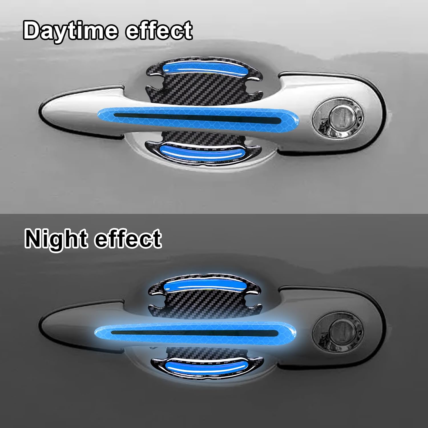 8pcs Car Door Handle Paint Scratch Protector Sticker, Universal 3D Carbon Fiber Auto Door Handle Scratch Cover Guard, Protective Film Pad with Safety Reflective Strips(Blue)