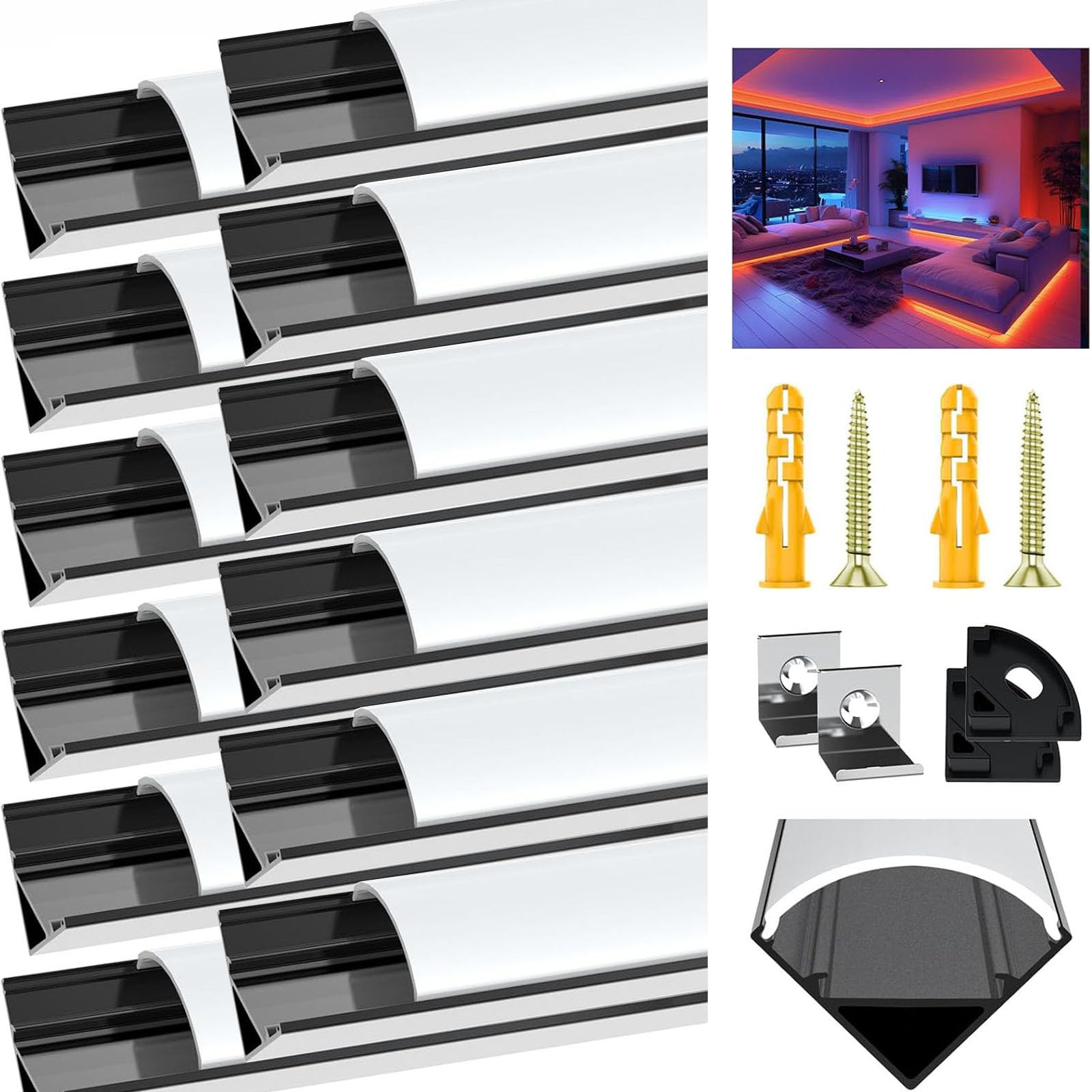 Profilo in alluminio a LED nero, 12 x 1 m, a V per strisce LED, nastro fino a 10 mm, con profilo diffusore con copertura bianca lattea, tappi terminali, clip di montaggio (senza strisce LED)