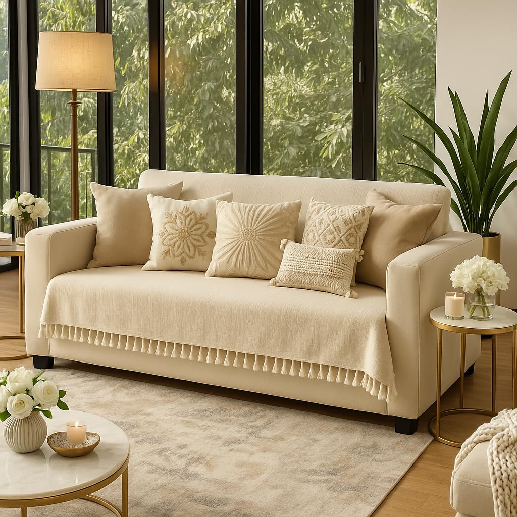 WWW.THROWPILLOW.IN Neutral Tassel Sofa Throw 3+1+1 Seater |Sofa Cover with Small Tassels |Aesthetic 5 Seater Couch Cover Fully Covered |Seat & Back Slipcover Set of 3 for Living Room |Sofa Runner-picture-10