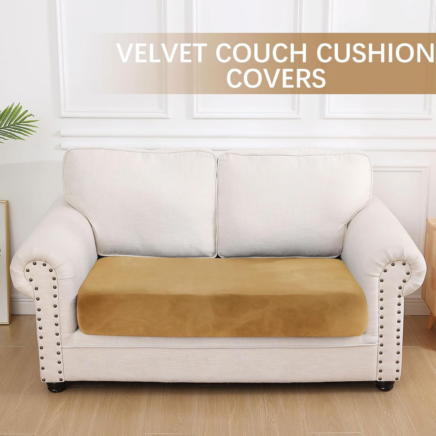 hyha Velvet Couch Cushion Covers, Soft Sofa Seat Covers for sectional 2 Cushion Couch Washable, Magic Sofa Slipcover with Elastic Bottom, Non-Slip Furniture Protector for Pets, Kid(Medium, Camel)