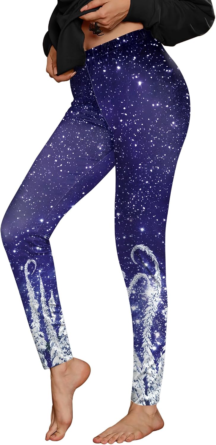 For G and PL Christmas Womens Ugly 3D Print Leggings Holidays High Waisted Funny Striped Tights Starry Sky XL
