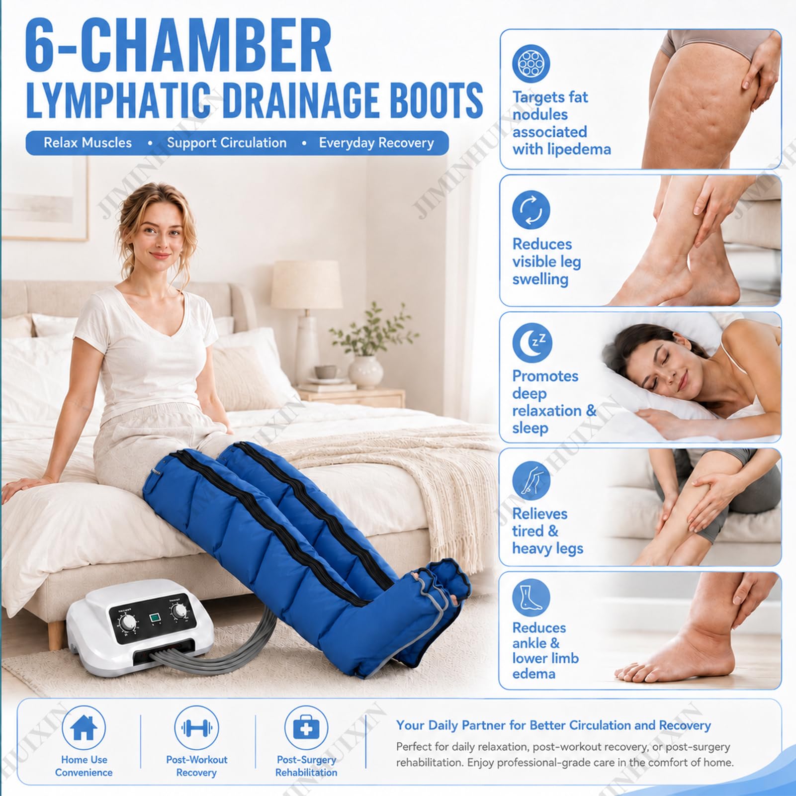 Pressoterapia per Casa 6 Camere (Blu, 2 Gambe + 2 Braccia + 1 Addome) | Pressoterapia Linfodrenaggio Professionale, Apparecchio Massaggiatore Gambe Addome E Braccia, 0-30 Min, 0-240 mmHg