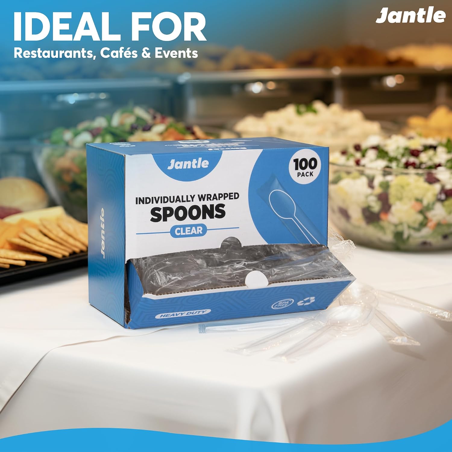 Individually Wrapped Heavy Duty Plastic Spoons with Dispenser Box, Black Disposable Spoons 100 Pack - Disposable Utensils for Home, Office, Restaurant, Catering, To-Go Meals - 100 Count (Clear)