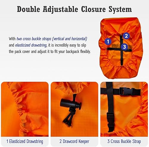 Miniatura 14 de Funda impermeable para mochila (15-90 L), funda de nailon resistente con sistema de cierre doble ajustable mejorado y una bolsa de transporte