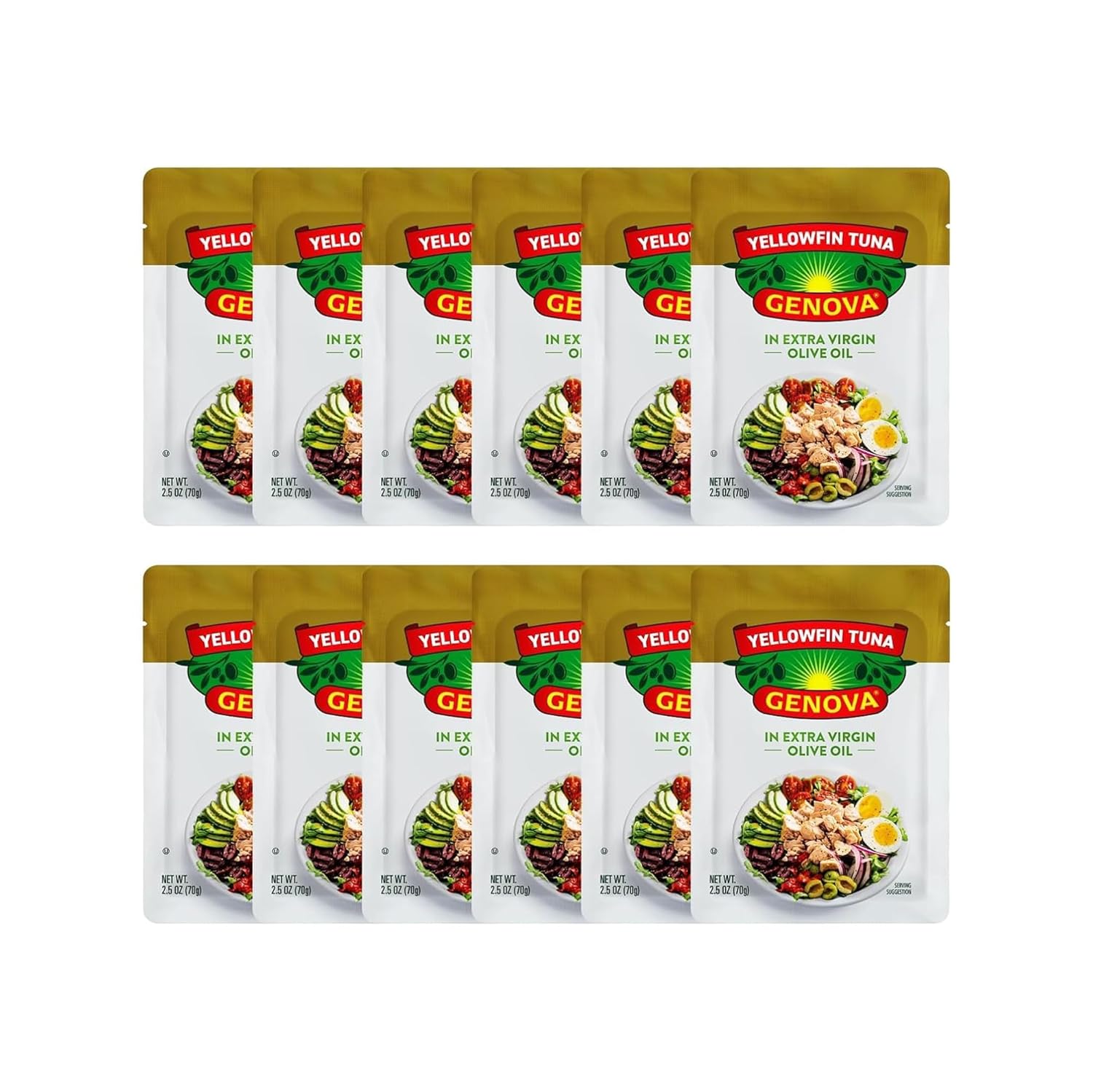 Genova Premium Yellowfin Tuna in Olive Oil, 2.5 Ounce Packets, 12-Pack – Nutrient Rich, High Protein Tuna Packets - Delicious, Easy, Nutritious Ready to Eat Meals