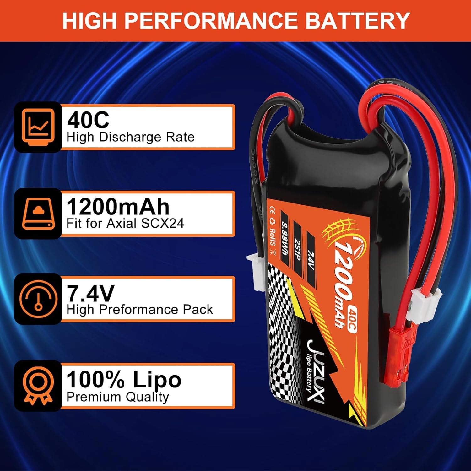 7.4V Lipo Battery 1200mAh 2S 40C Rechargeable Lithium Polymer Battery with XH & JST& PH2.0 Connector Compatible with FPV Racing Drone RC Car RC Boat Quadcopter Helicopter Airplane RC Models