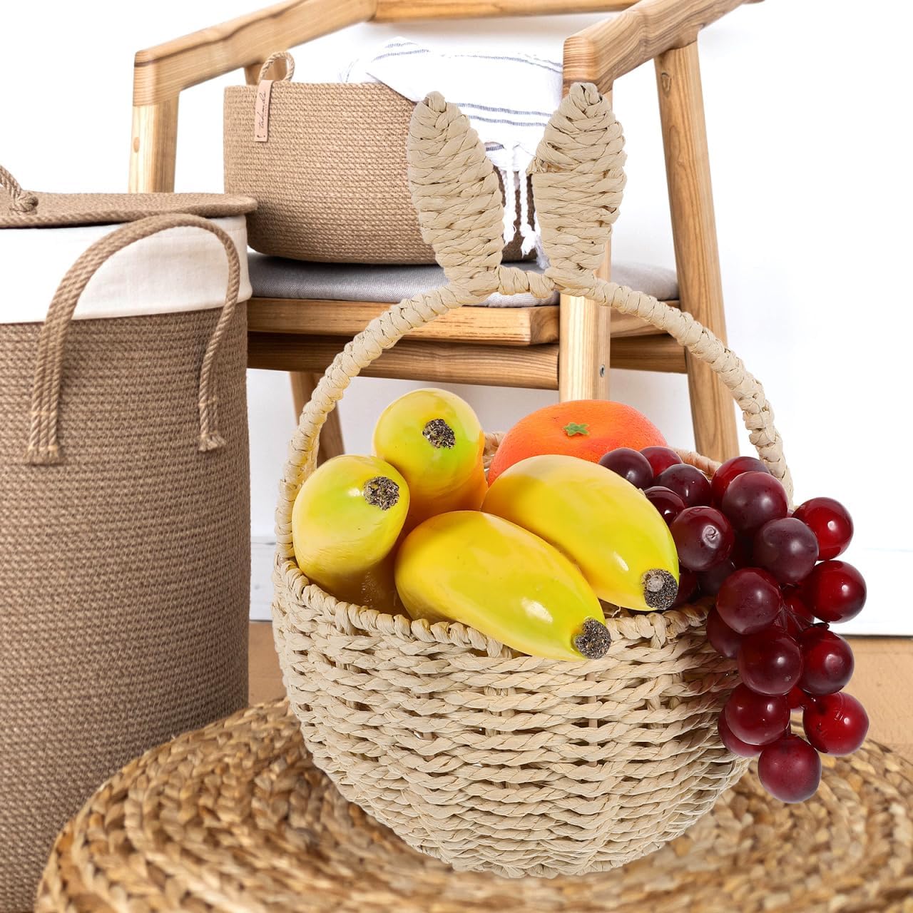 Hemobllo Wicker Easter Basket with Bunny Ears - Large Woven Storage Basket with Handle - Natural Paper Rope Easter Egg Hunt for Kids & Toddlers - Cute Rabbit Gift for Spring Party Favors & Home