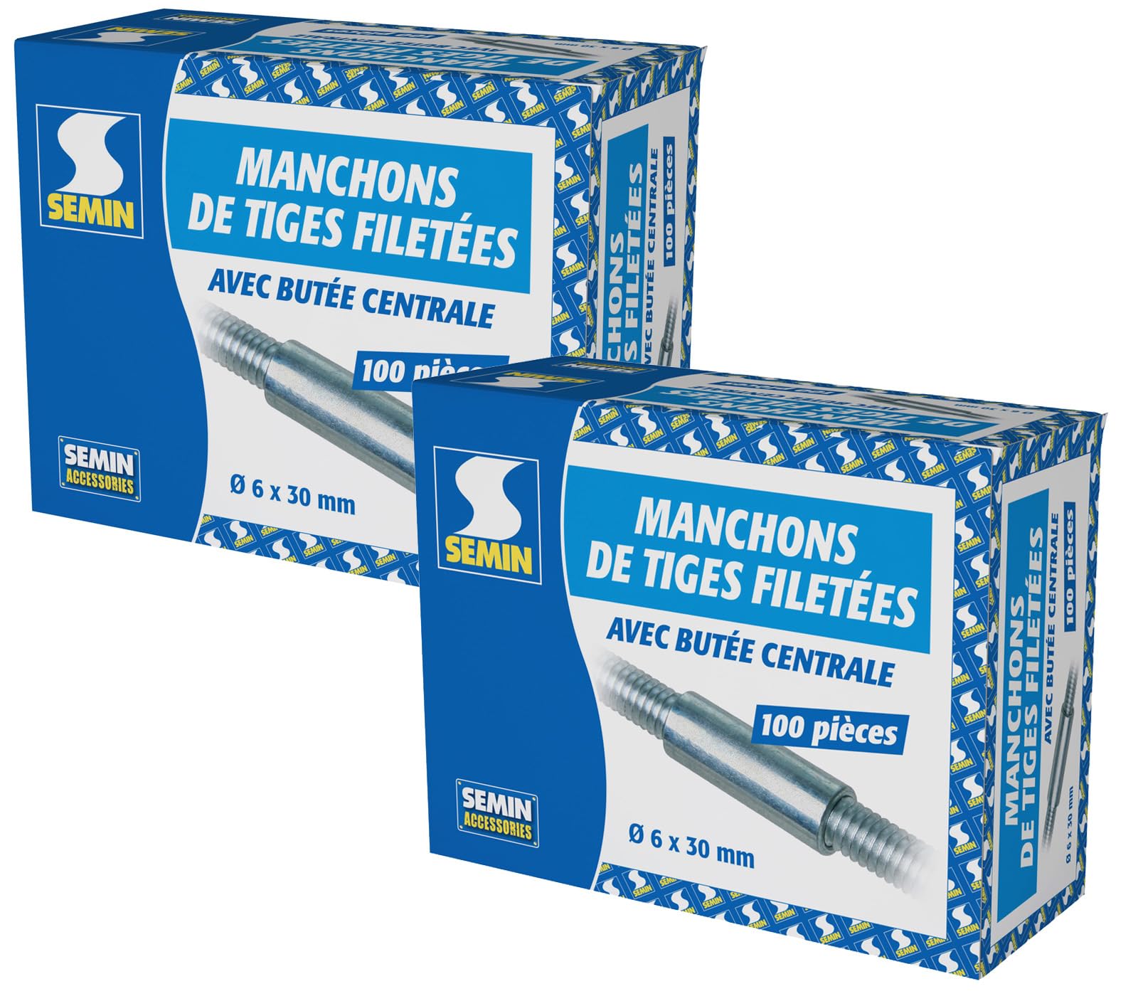 SEMIN Manchons pour Tige Filetée 6 x 30 mm – Raccord Métallique pour Assemblage de Tiges Filetées M6 – Pose Rapide – 2 X Boîte de 100 – Compatible Faux Plafonds & Ossatures