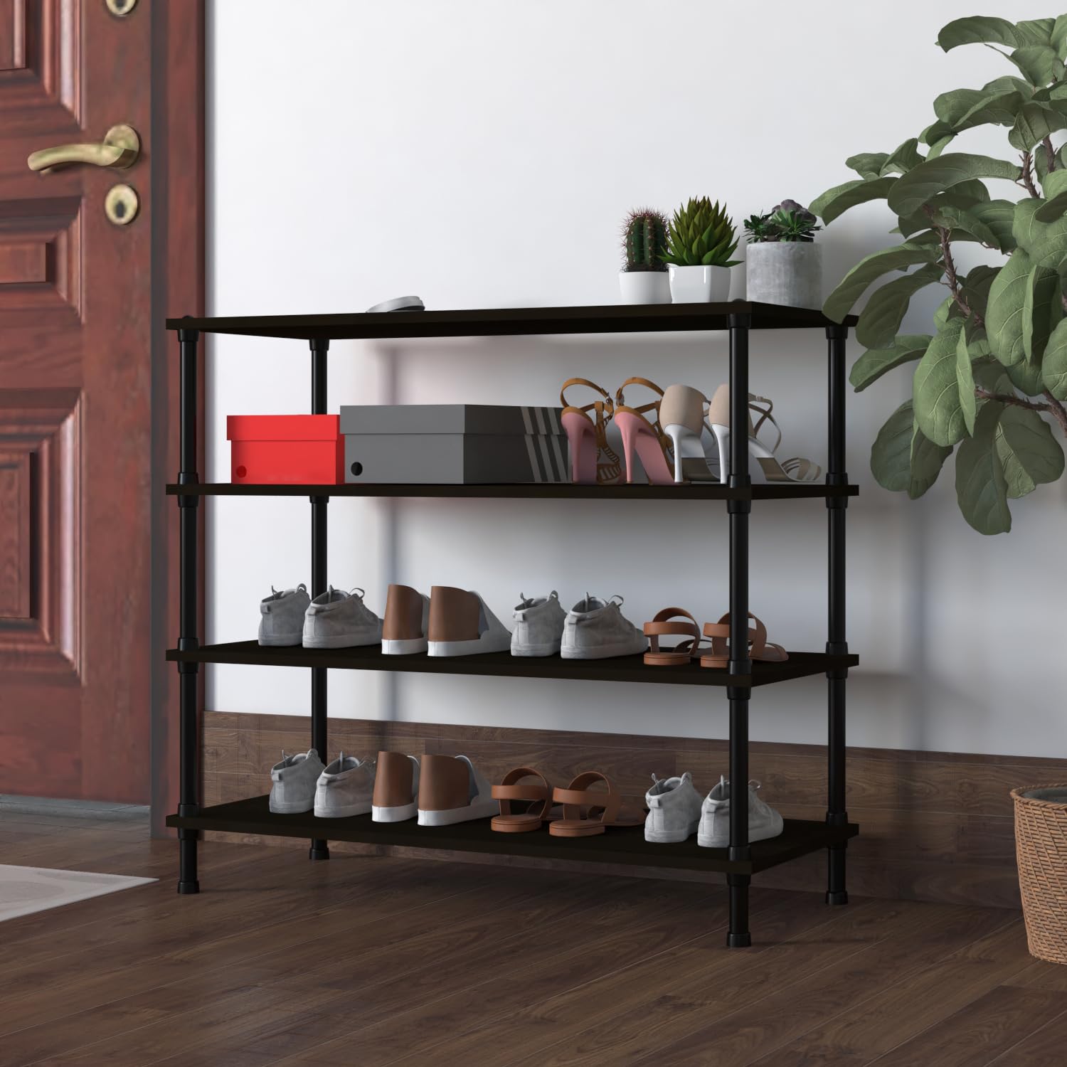 TABLE MAGIC Jazz Shoe Rack 4T Multipurpose Shoe Rack Organizer Stand for Home 4 Shelfs Wood Steel D30 x W60 x H65cm (4 Tie