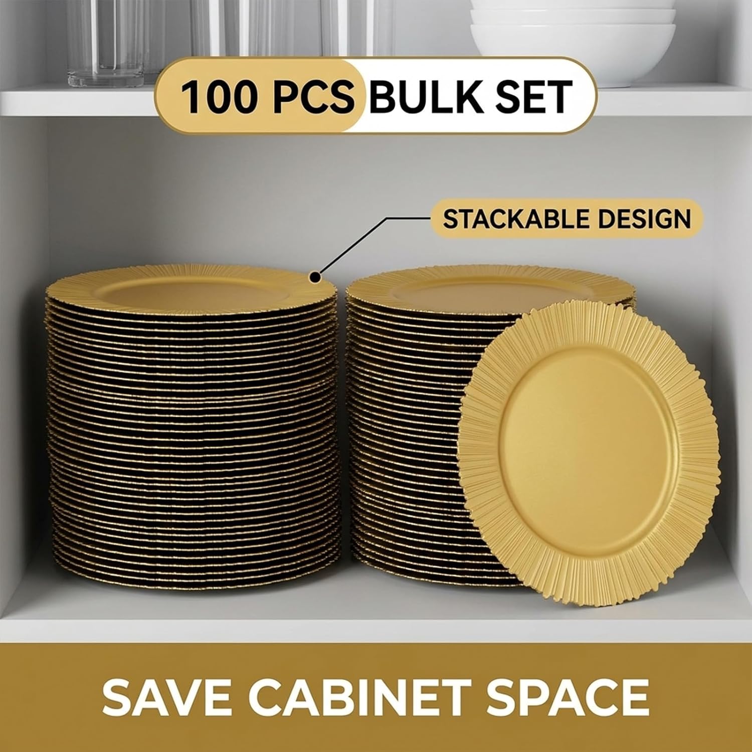 100Pcs Gold Charger Plates Bulk, 13 Inch Chargers for Dinner Plates, Stackable Round Plastic Table Chargers Plates, for Wedding Table Setting Holiday Party Decor, Save Space (100PCS)