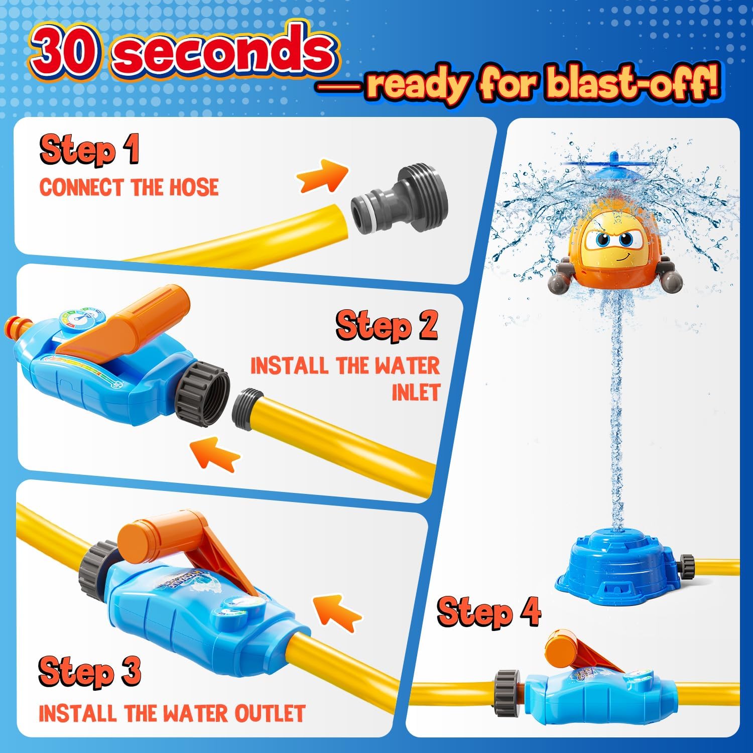 Flying Helicopter Water Sprinkler for Kids W/Tactile Click Feedback Valve, Summer Outdoor Toy for Toddlers, 360° Rotating Airplane Sprinkler W/DIY Stickers, Splashing Fun Toys for 3-8 Boys Girls Gifts