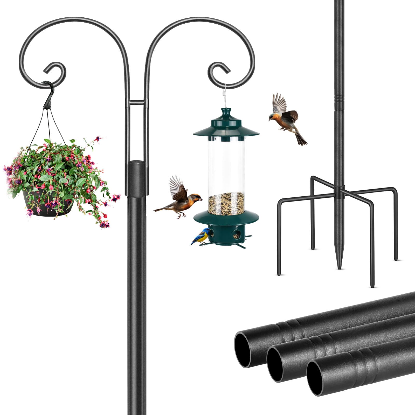Mangeoire à oiseaux et lumières de jardin suspendues sur grand poteau noir de 193 cm