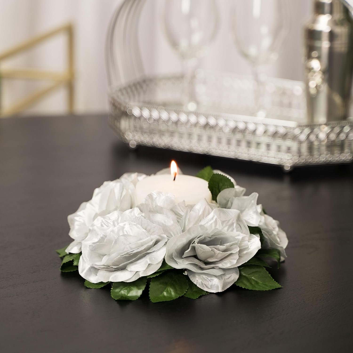 Simply Elegant 9 inch Flower Candle Ring Roses Floral Arrangement Artificial Flowers Wedding Party Centerpieces Bouquets Supplies - 12 Count - 2 ¾" Diameter Opening - (Silver)