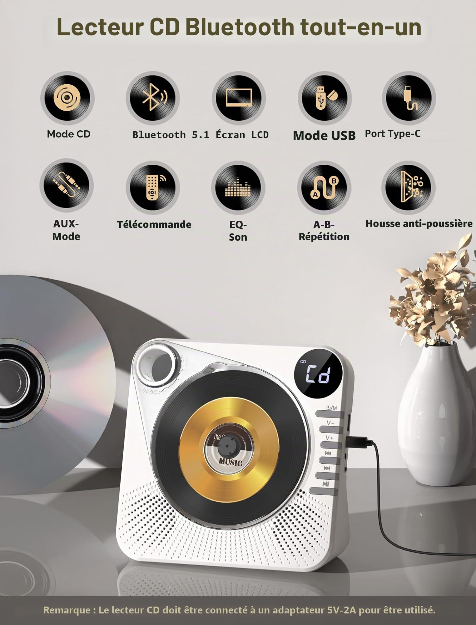 Lecteur CD Portable Greadio avec Bluetooth 5.1, lecteurs CD pour la Maison, Lecteur CD avec Haut-parleurs, télécommande, Housse de Protection, écran LED, Son Hi-FI, Lecture Via AUX/USB (Blanc)