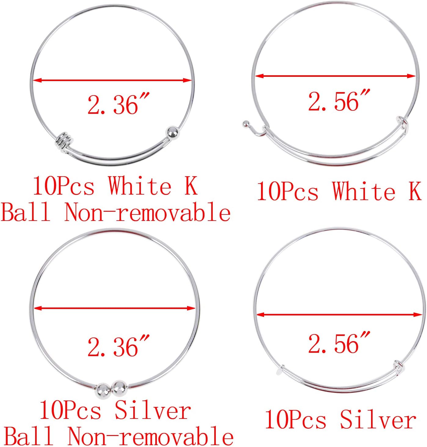 40Pcs Expandable Bangle Bracelet Adjustable Bracelets Blank Wire Bangle for Women DIY Jewelry Making, 4 Styles, Silver and White K