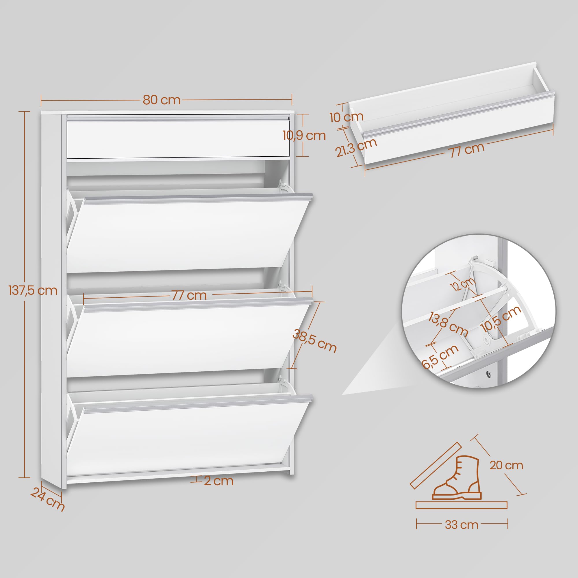 HEXCELEN Armario Zapatero Estrecho con 3 Puertas Abatibles, Zapatero con Cajón, Divisor Ajustable y Desmontable, para 18-24 Pares, para Pasillo, Entrada, 80 x 24 x 137,5 cm, Blanco-Plata