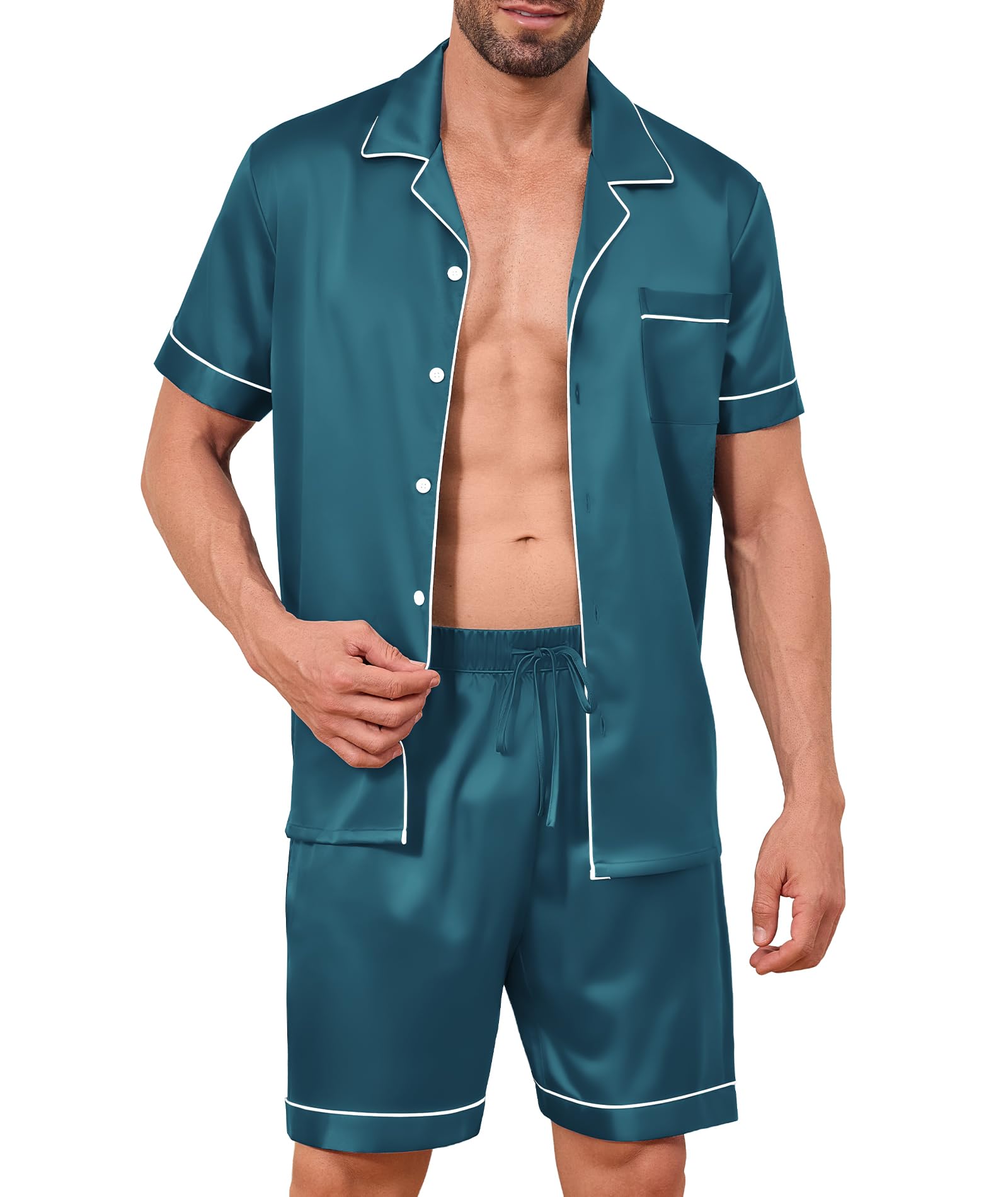 Elainone Conjunto de pijama de seda de satén para hombre, manga corta, dos piezas, ropa de salón con botones y bolsillos