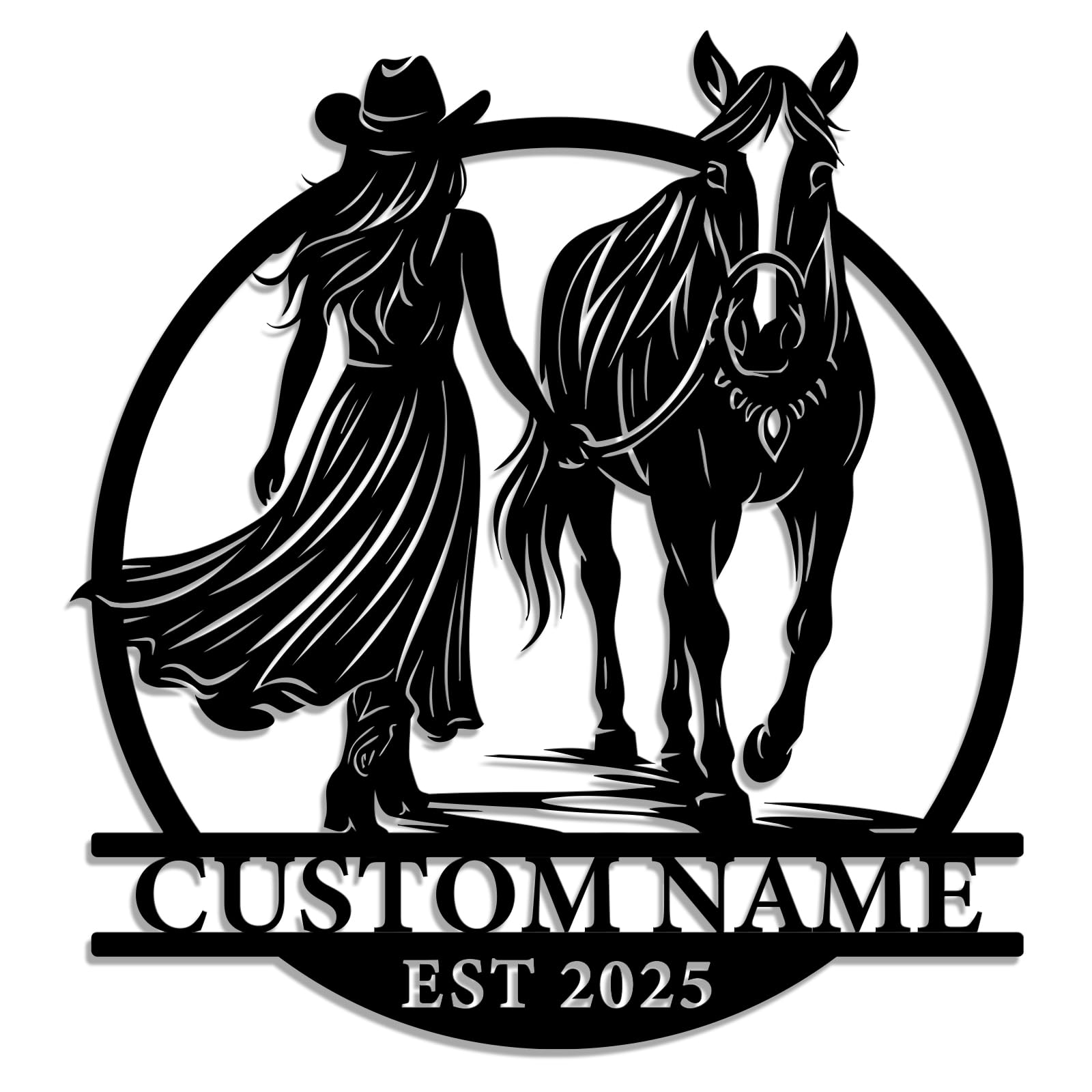Personalized Cowgirl Metal Sign – Custom Western Wall Art with Cowboy Hat, Horse, and Rustic Style – Metal Decoration for Ranch, Farmhouse, Barn, and Outdoor Spaces (Style-B)