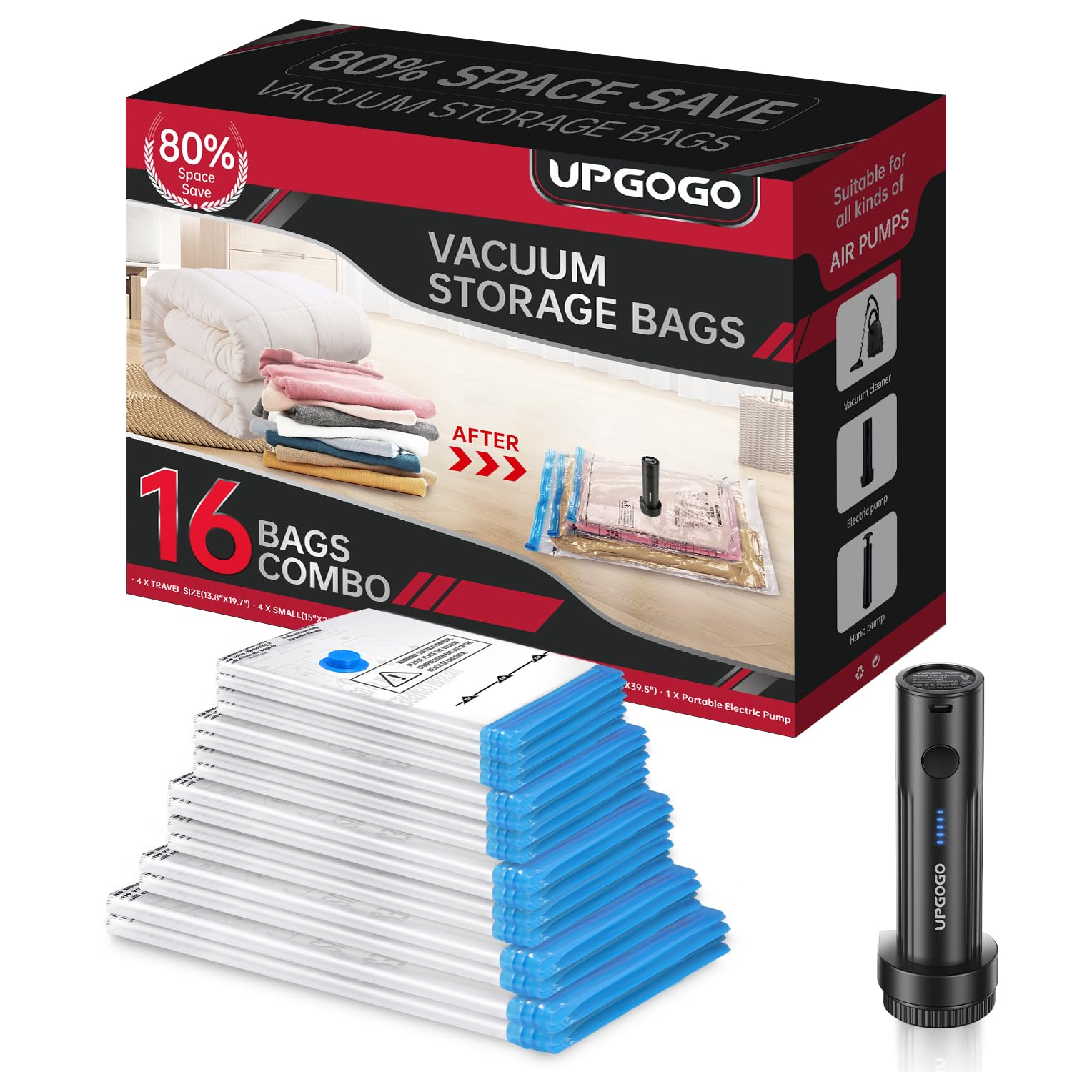 UPGOGO Confezione da 16 sacchetti sottovuoto con pompa elettrica portatile, sacchetti sottovuoto per abbigliamento, sacchetti salvaspazio da viaggio per bagagli