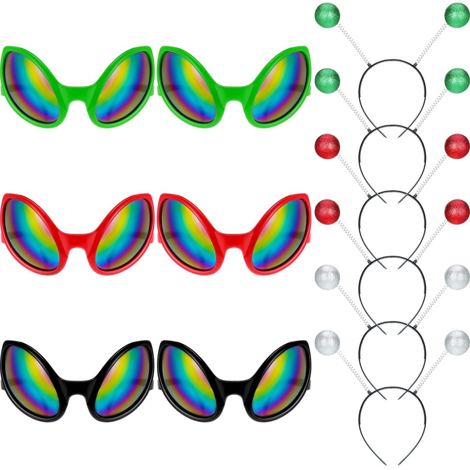 Alien Gadget - Set Completo di 6 Occhiali da Sole Arcobaleno e Fascia per Capelli Alieno per Halloween o Feste Tematiche
