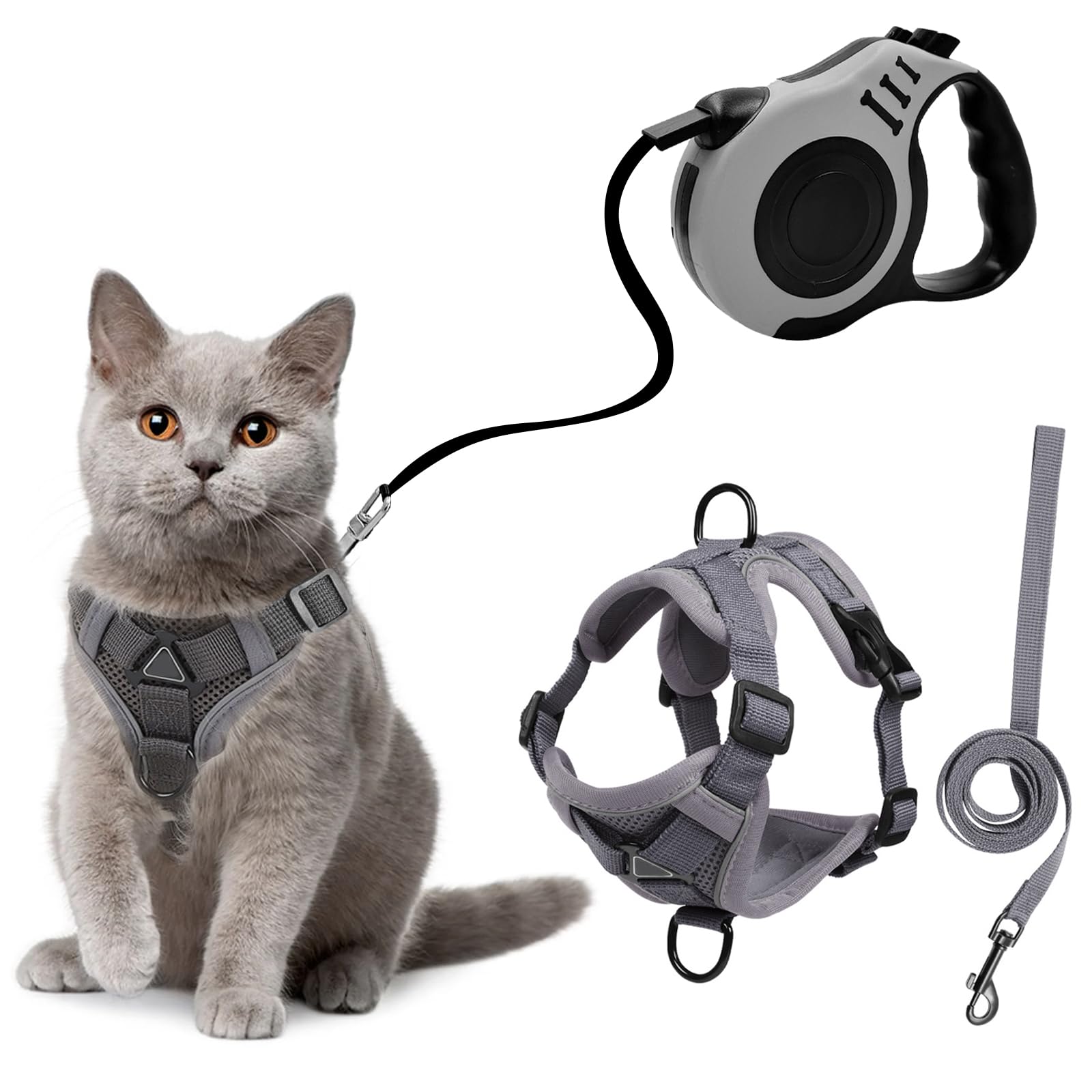 TYXHXTF Pettorina Gatto con Guinzaglio per Gatti Allungabile, Imbracatura per Gatti Antifuga, con Riflettente, Morbido Traspirante Pettorina Gatto, per Cuccioli Passeggiate all'aperto (Grigio)