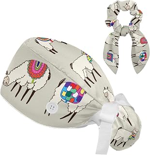 FVQL 2 Pieces Surgical Cap for Long Hair Scrub Cap with Hairband Nurse Cap, Alpaca Animal Pattern