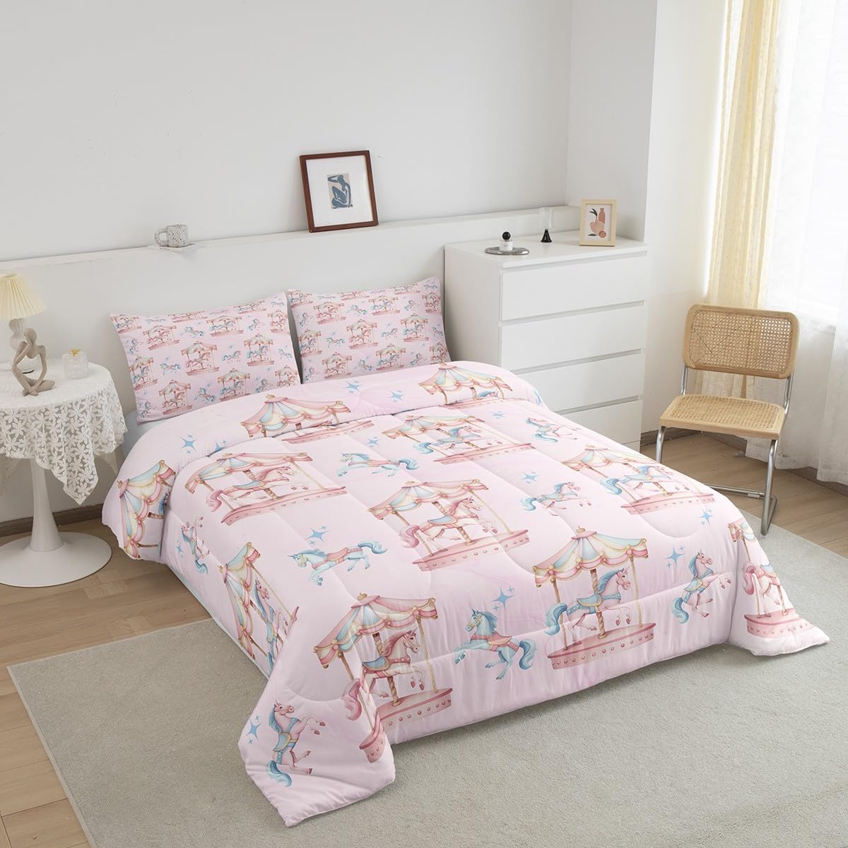 Manfei Unicorn Comforter Set Queen Size,Amusement Park Carousel Romantic Bedding Set 3 Pcs for Teens Adults,Princess Style Fairy Tale Horse Animal Blue Pink Down Comforter,2 Pillowcases