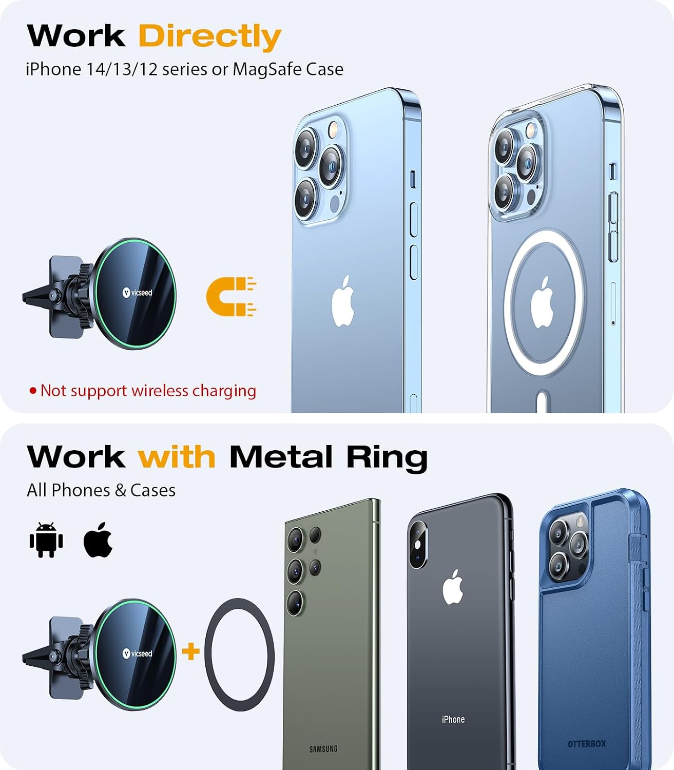 VICSEED for MagSafe Car Mount Dash - [8lbs Powerful Magnets][Long Arm Adjustable] Magnetic Phone Holder for Car Phone Mount for Car 3 in 1 Car Phone Holders for iPhone 15/14/13/12 All Phones